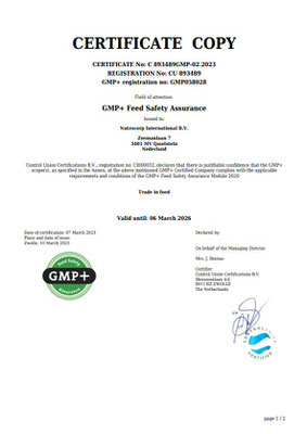 GMP+ FSA (Feed Safety Assurance) CERTIFICATE - NutroCorp International - English - page 1