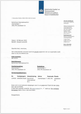 Netherlands Food and Consumer Product Safety Authority REGISTRATION - Ministry of Agriculture, Nature and Food Quality - NutroCorp International - Dutch - page 1
