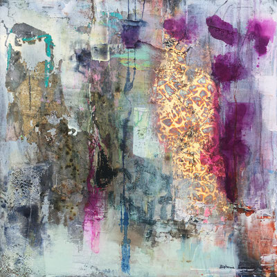I Felt You This Time | (36 x 36 in) | corrugated gold leaf, ink, dye, charcoal, paper, caulking and acrylic on canvas | SOLD
