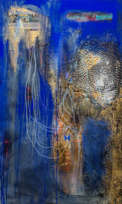 "Eruption" | fabric, paper, acrylic, gouache and gold leaf on canvas | (47" x 29") | AVAILABLE 