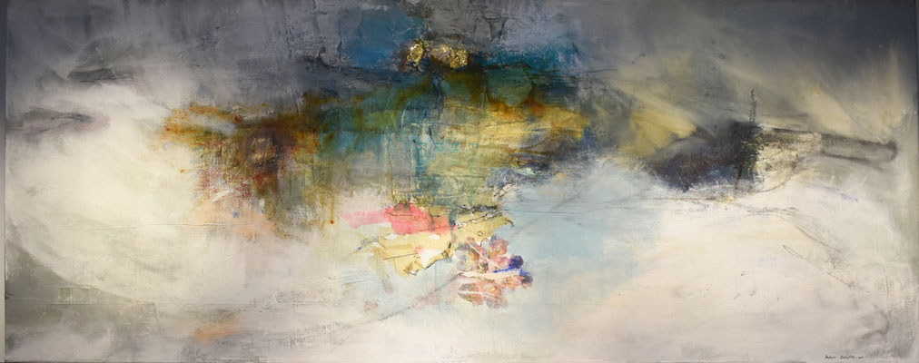 "Desolacion" | acrylic, dye, paper, caulking and mixed media on canvas | (41" x 100") | AVAILABLE 