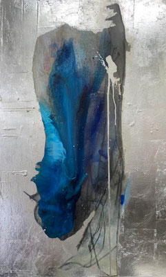 Azul | (47 x 29 in) | acrylic, graphite, silver leaf and dye on canvas | (47 x 29 in) | SOLD