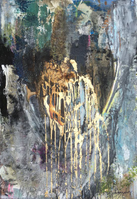 The Vault | (30x24 in) | gold leaf, charcoal, plaster, plastic, graphite and mixed media on canvas | SOLD