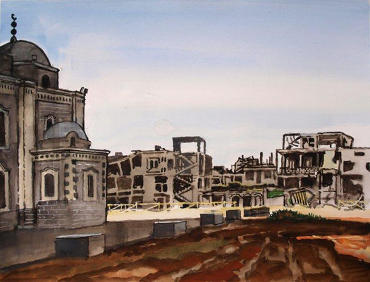 Theo de Feyter  Khaled Ibn Walid Moskee  Khaldiye Homs.  gouache   32,5 x 42,5.  2021
