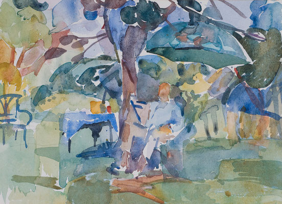 Piet lezend in de tuin   34,6x33  1985