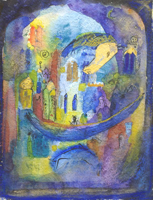 M.Kranendonk  'Roeier en het gouden paard'  aquarel   48 x 38 