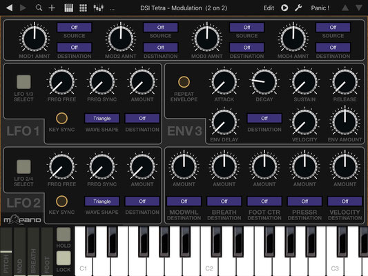 Xtetr TB-LT by mxpand, free, for DSI Tetra analog synthesizer, Dave Smith Instruments (Sequential), TB MIDI Stuff app editor, controller template for Apple iPad