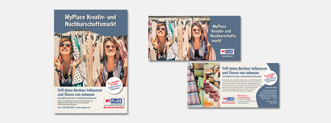 Aktion Kreativmarkt zur Eröffnung eines neuen Standortes in Berlin – Poster, Flyer