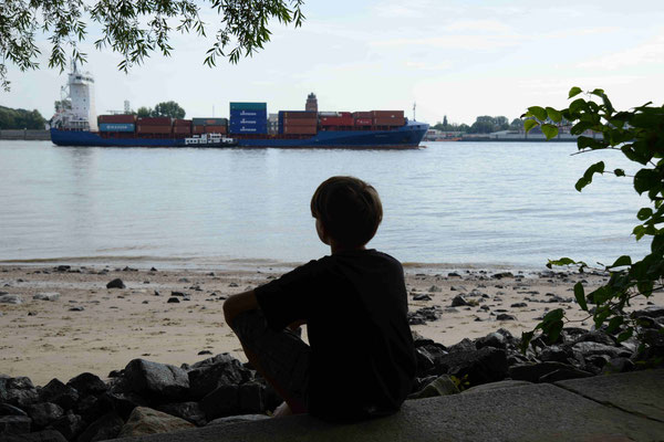 35 Junge schaut auf die Elbe vom Elbestrand aus