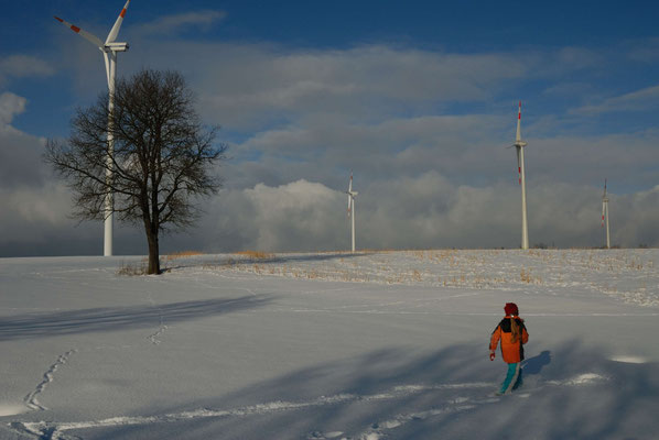 2- Winter, Schnee, Schneelandschaft, Baum, Kind, Windräder