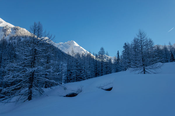 Alphütten bei Vorsaas, noch ein ordentlicher Schneefall, dann sind sie wie vom Erdboden verschwunden. Im Hintergrund die Burstspitza, ein Projekt für Frühaufsteher