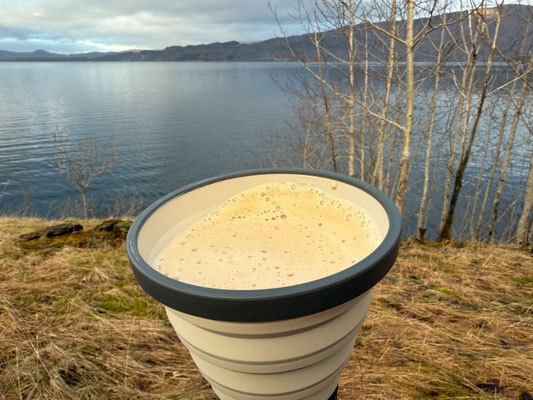 Nach einer Fahrt unter dem riesigen Folgefonna, drittgrösster Gletscher Norwegens mit 214 KM2) hindurch erreiche ich einen guten Platz für die Nacht und den Cappuccino am Kvinnheradsfjorden. 