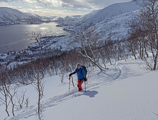 Über dem Gullesfjorden ziehen wir unsere Spur zum Saeterfjellet