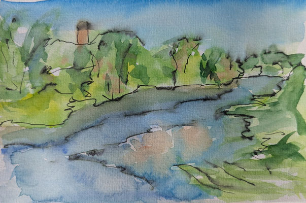 An der Ruhr, 14x22 cm, Aquarell u. Fineliner auf Papier