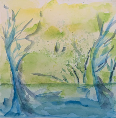 blaue landschaft, 25x25 cm, Aquarell auf Papier