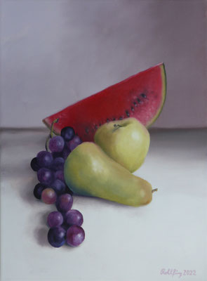 Volker Rohlfing, Die Früchte der Demoiselles d'Avignon, 2022, Öl auf Leinwand, 40x30 cm