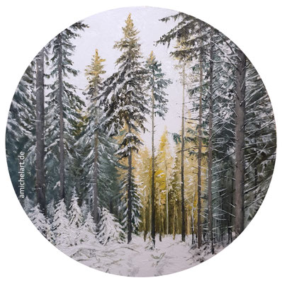 Winterwald - 2021, Durchmesser 25 cm, Öl auf Karton, Motiv aus Neuhaus am Rennweg