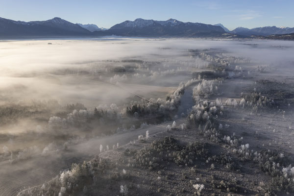 Nebel und Raureif vor Bergen