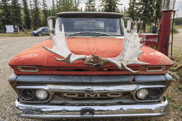 Moose shovel on the hood of a car, Yukon, Canada