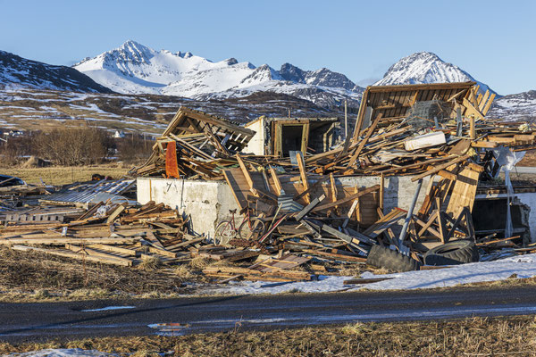 Destroyed building after storm, Lofoten, Norway