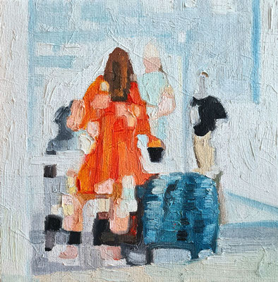 Mindestgebot 45,-- statt 110,- €.  "Rotes Kleid"  15 x 15 cm   Ölfarbe auf Malerkarton, mit einer kleineren Leinwand hinterklebt zwecks schwebender Hängung