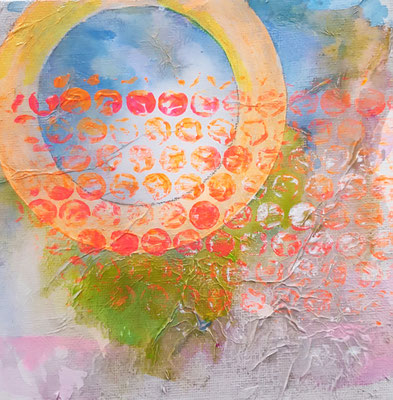 Mindestgebot 45,-- statt 110,- €.  "Orange links oben"  15 x 15 cm   Acrylfarbe auf Malerkarton, mit einer kleineren Leinwand hinterklebt zwecks schwebender Hängung