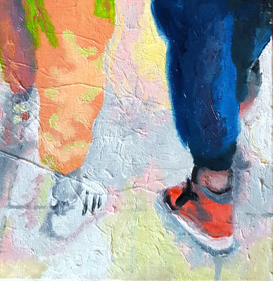 Mindestgebot 45,-- statt 110,- €.  "Zwei Schuhe."  15 x 15 cm  Ölfarbe auf Malerkarton, mit einer kleineren Leinwand hinterklebt zwecks schwebender Hängun