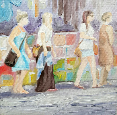 Mindestgebot 45,- statt 110,- €. "Shopping"  15 x 15 cm   Ölfarbe auf Malerkarton, mit einer kleineren Leinwand hinterklebt zwecks schwebender Hängung