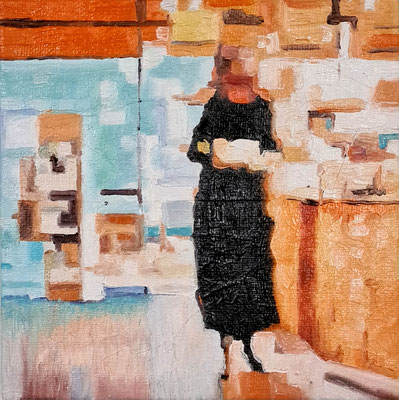 Mini Café 15-1  15 x 15 cm Öl auf Malpappe/Oil on cardboard 02.2025 mit einer 10 x 10 cm Leinwand hinterklebt zur schwebenden Hängung