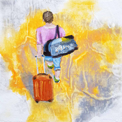 Mindestgebot 45,- statt 110,- €. "Reisender" 15 x 15 cm. Acryl und Ölfarbe auf Malerkarton, mit einer kleineren Leinwand hinterklebt zwecks schwebender Hängung