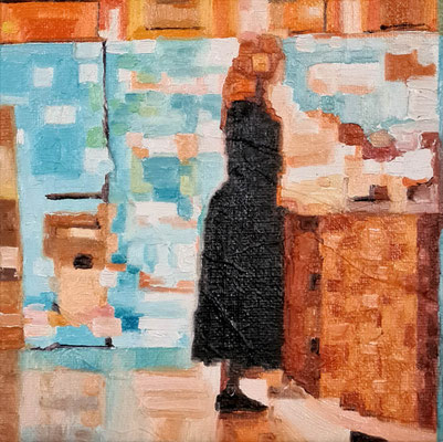 Mini Café 15-1  15 x 15 cm Öl auf Malpappe/Oil on cardboard 02.2025 mit einer 10 x 10 cm Leinwand hinterklebt zur schwebenden Hängung
