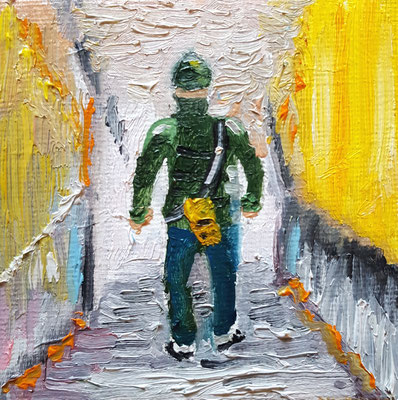 Subway  Mindestgebot  20,- statt 35 Euro - 7,5 x 7,5 cm Ölfarbe auf Malerkarton, mit einer kleineren Leinwand hinterklebt zwecks schwebender Hängung
