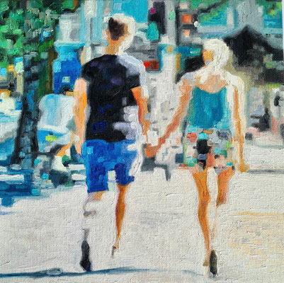 Citypeople Mini 25 1 20x20 cm  Öl auf Malpappe/Oil on cardboard 02.2025 mit einer 10 x 10 cm Leinwand hinterklebt zur schwebenden Hängung
