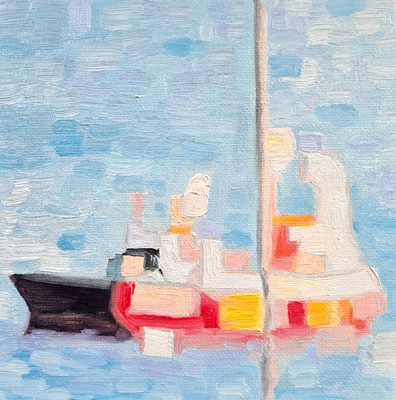 Mini: Little red boat on a blue lake 15 x 15 cm  20.03.2021 Oil on cardboard