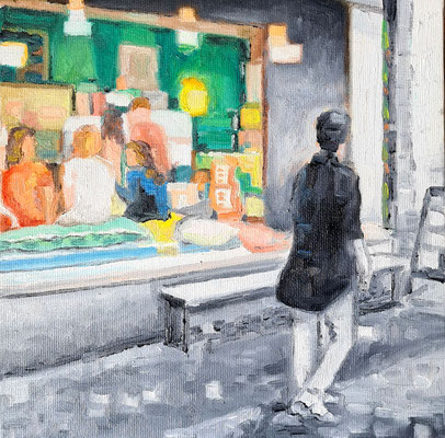 Mini Café 2025 - Ölfarbe auf Malerkarton mit einer kleineren Leinwand hinterlegt zwecks schwebender Hängung - mind. 90,- statt 210,-