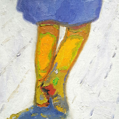 Mindestgebot 45,- statt 110,- €. Schraube 2 15 x 15 cm. Orange Boots  - Ölfarbe auf Malerkarton, mit einer kleineren Leinwand hinterklebt zwecks schwebender Hängung