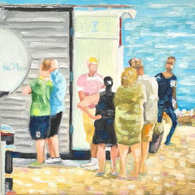 Strandbar - 20 x 20  cm  - Ölfarbe auf Malerkarton, erhöht durch eine kleinere Leinwand auf der Rückseite zur schwebenden Hängung - Mindestgebot 50 Euro