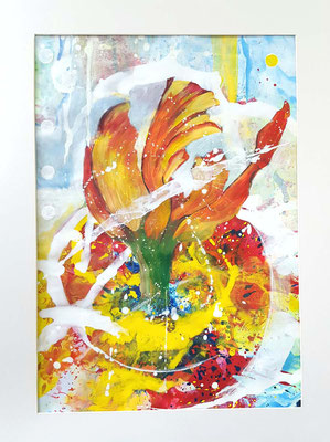 Orangene Blüte 2020  44 x 62 cm im 60 x 80 Aluglasrahmen und Passepartout Acrylfarbe auf Papier - Anfangsgebot 90 Euro