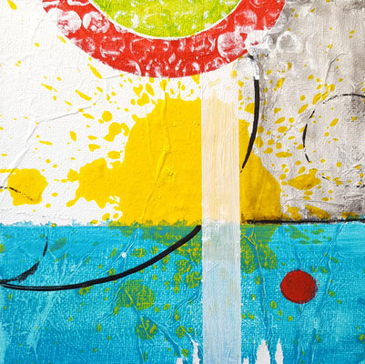 roter Kreis über blau - 15 x 15 cm - Acryl a Malerkarton mit kleinerer Lwd hinterklebt zur schwebenden Hängung 2020