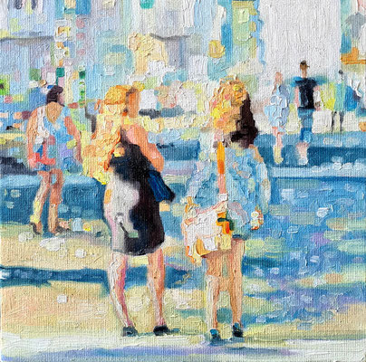 Citypeople Mini 25 2 20x20 cm  Öl auf Malpappe/Oil on cardboard 02.2025 mit einer 10 x 10 cm Leinwand hinterklebt zur schwebenden Hängung