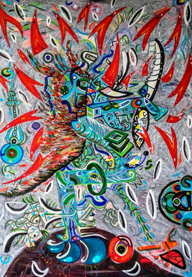 (Pájaro azul) (D'après le poème de Charles Bukowski, "Bluebird") 65x92 cm. Acrylique sur toile, 2017