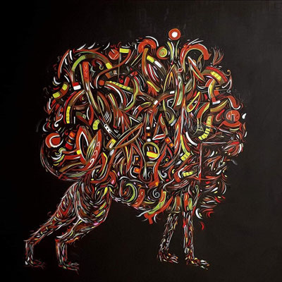 Xólotl errant (derrière l’utopie: le réel)  Acrylique et huile sur toile, 100x100 cm, 2018.