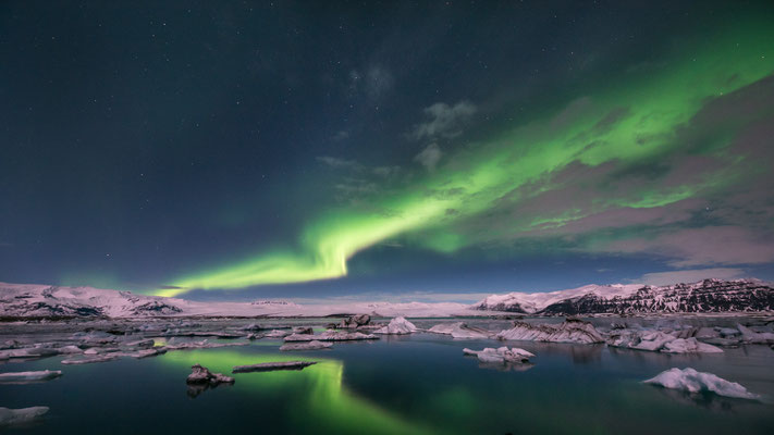 Aurore boréale à Jökulsárlón