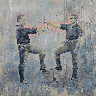 LE DUEL - huile sur bois - 40x40 cm