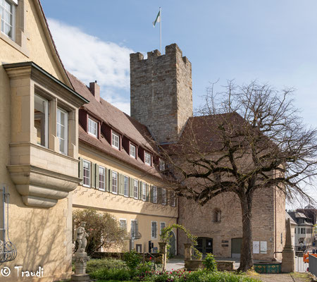 Burghof mit Burg und Statue "Lauffener Männle"