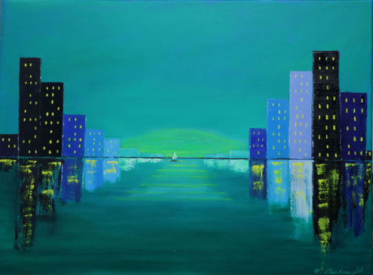 Hafeneinfahrt in der Abendsonne. 80 x 60 cm. Öl auf Leinwand.