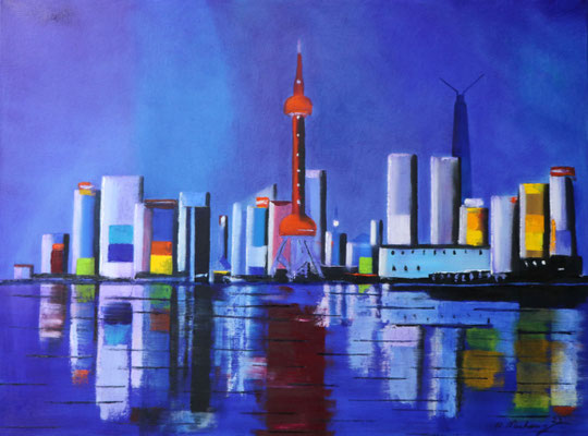 Shanghai Skyline 80 x 60 cm. Öl auf Leinwand.