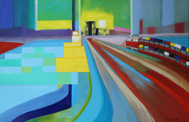 Autozug nach Sylt, 150 x 100 cm. Öl auf Leinwand 