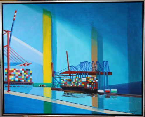 Containerhafen 100 x 80 cm, Öl auf Leinwand