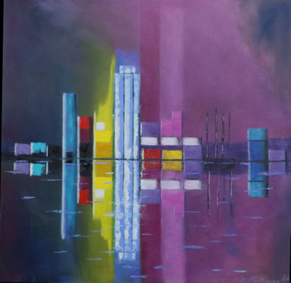 Schleswig, mit Wikingerturm, Öl auf Leinwand, 50 x 50 cm.